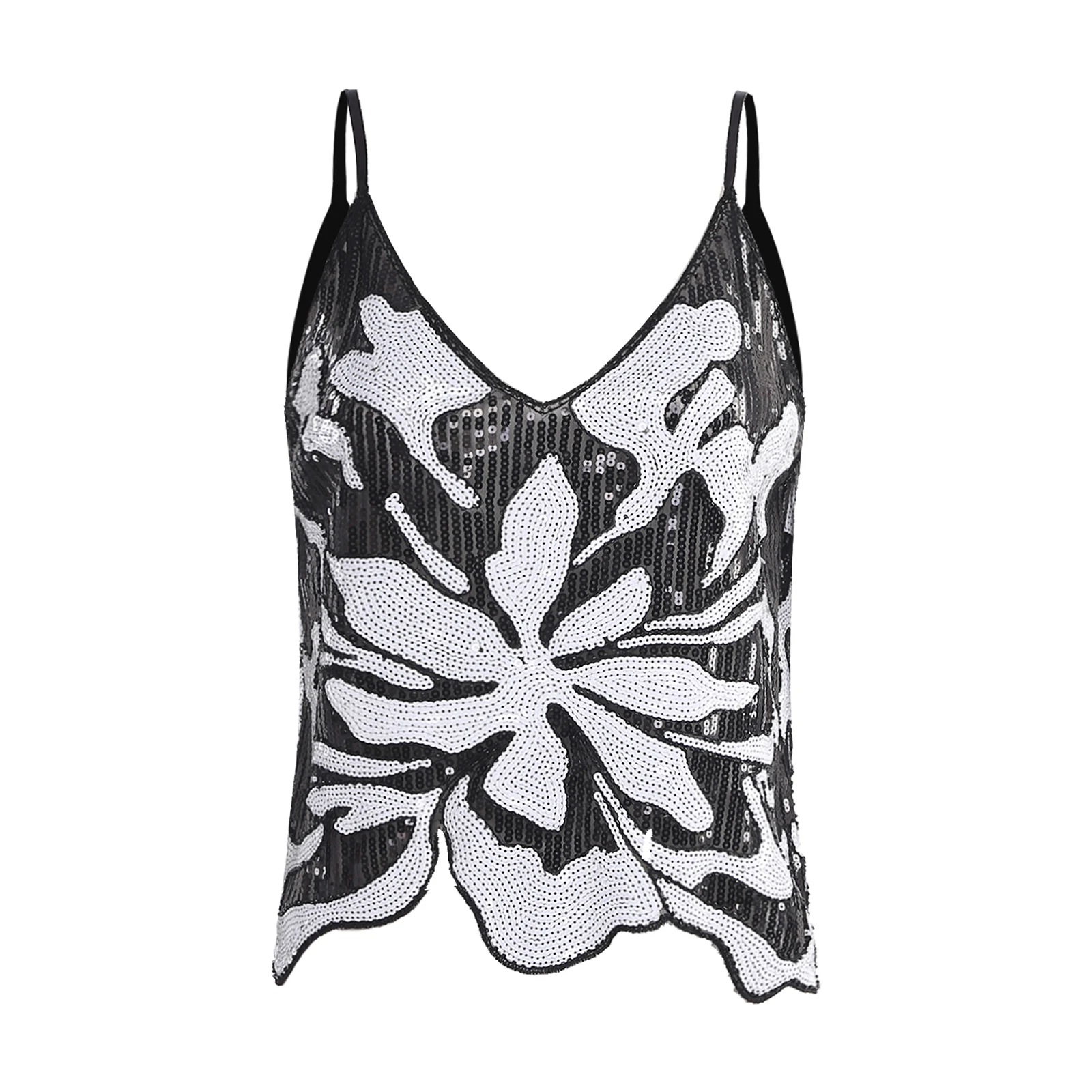 

Women Glittery Sequin Camisole Crop Tops V Neck Sleeveless Irregular Hem Sheer Clubwear Tank Tops for Club Party Raves Vacation