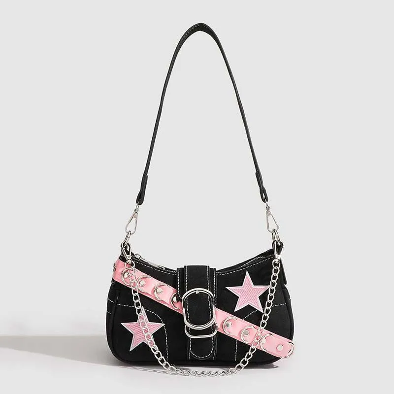 

Женская сумка на плечо Y2k со звездной вышивкой, мини-цепочка, бродяги, милая крутая винтажная сумка для девочек, кокетка, сумка для подмышек, мотоциклетная сумка