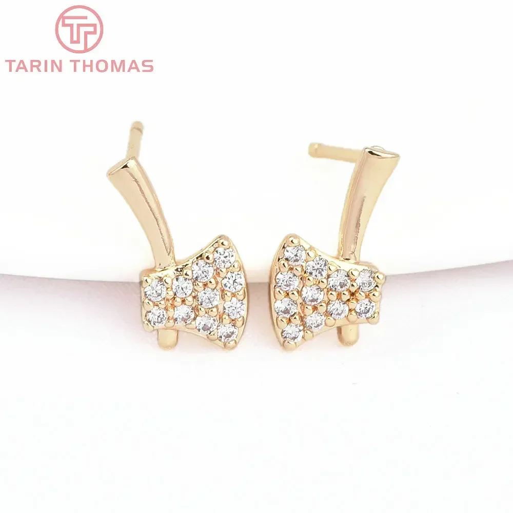 (7883)4PCS 6x12MM 24K Gold Color Brass with Zircon Axe Shaped Symmetrical Stud Earrings High Quality Jewelry Findings Wholesales