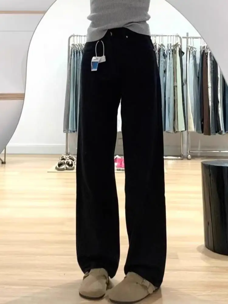 

High Waist Straight Leg Jeans plus Size Women's Summer Loose Cover Hip Conceal Flattering Wide Leg Long Pants Black