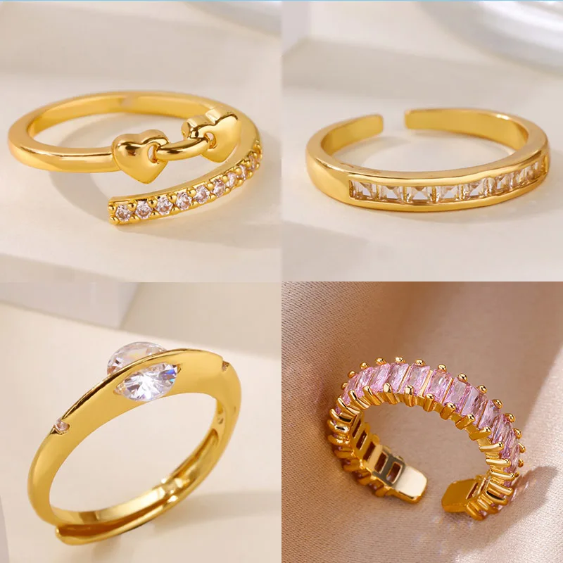 Zirkon Winzige Doppel Herz Ringe Für Frauen Gold Farbe Edelstahl Kristall Geometrische Einstellbare Ring Hochzeit Weihnachten Schmuck