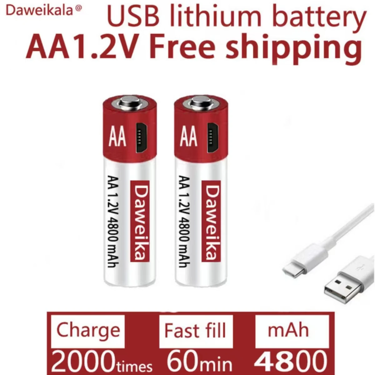 AA rechargeable lithium battery, 1.2V USB rechargeable AA battery, AA, 4800mAh, toy mouse remote control, free delivery CE  FCC