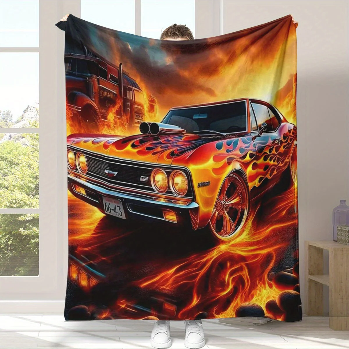 Retro flame muscle car Flannel printed blanket suitable for all seasons suitable for living room office sofa and travel