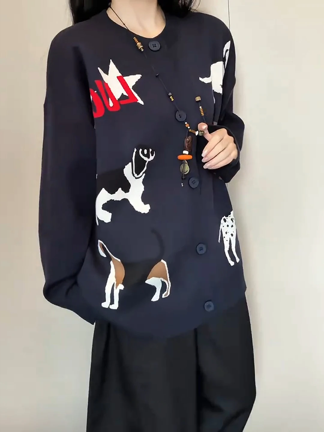 

Свободный вязаный кардиган бирюзового цвета с забавным принтом собак для пар, осенняя повседневная одежда, с длинными рукавами и круглым вырезом