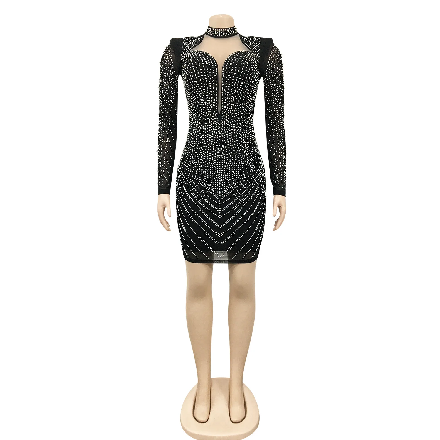 ใหม่แฟชั่นเซ็กซี่แขนยาว V คอเลื่อมตาข่าย Sheer สีทึบ Slim Fit Sheath เหนือเข่าชุดผู้หญิง, 2 สี