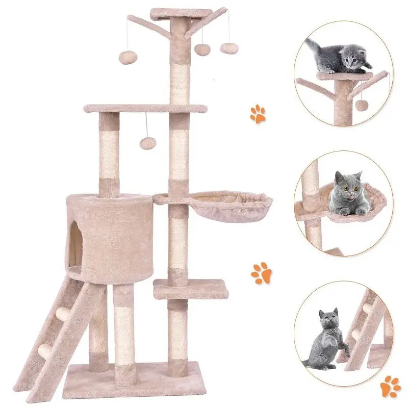 

56 Inch Cat Tree for Indoor Cats Multi Level Tower with Scratching Posts Condo Hammock 2 Platforms Ladder Beige Plush Stable