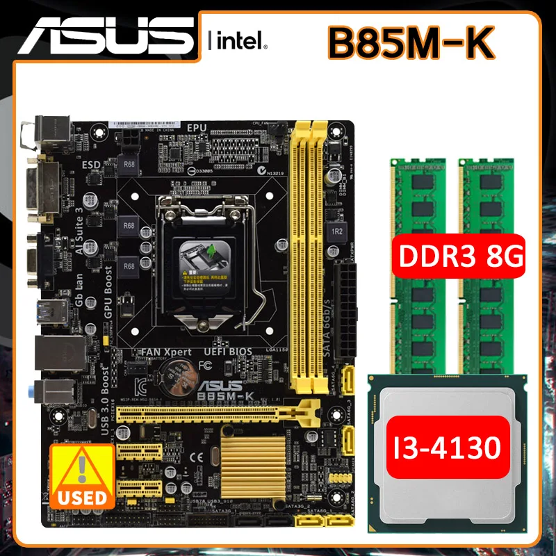 B85 Motherboard set Asus B85M-K Motherboard with i3-4130 cpu +2xDDR3 8G LGA 1150 Motherboard USB3.0 PCI-E 3.0  Micro ATX