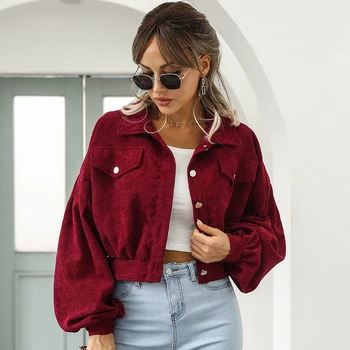 Autumn Cropped Corduroy Jackets Overcoat Single Breasted Lantern Sleeve Coats Women Fashion Vintage Winter Women Jacket 18047 4