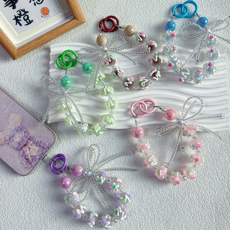 Fashion Bow Hand Drawn Beaded Mobile Phone Chain Car Keychain Anti Loss Phone Wrist Bag Hangings Decoration