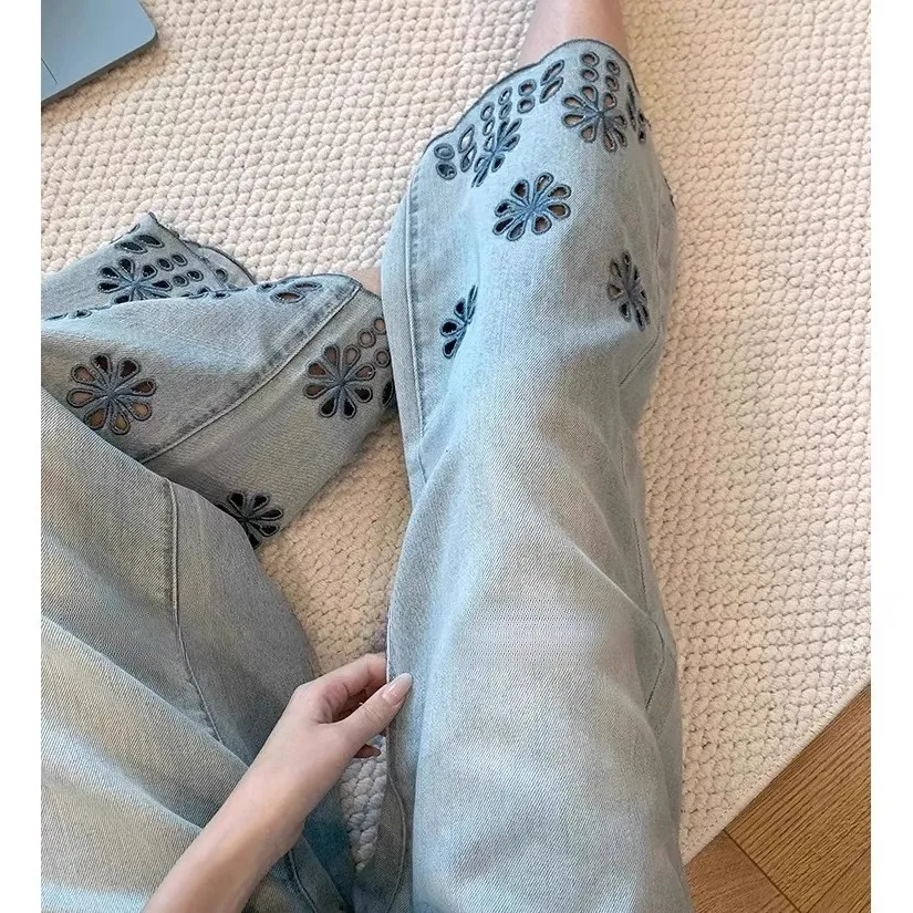 Y2K Jeans Denim Renda Bordir Wanita Desain Berongga Celana Potong Kaki Lebar Ramping Pinggang Tinggi Musim Panas Pas Tipis