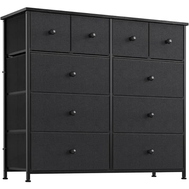 

10 Drawer Dresser for Bedroom Fabric Storage Tower Wide Black Dresser with Wood Top Sturdy Steel Frame Storage