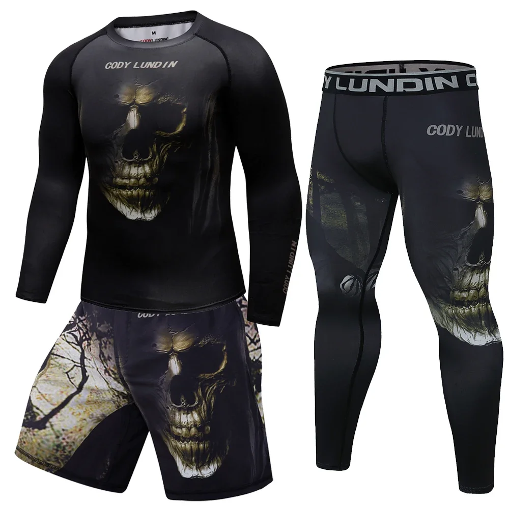 Skull MMA Rashguard Jiu Jitsu Jerseys+Pant Set Men MMA Thair T-shirt Shorts BJJ Boxing 4Pcs/Set Rash Guard Fightwear Sportswear