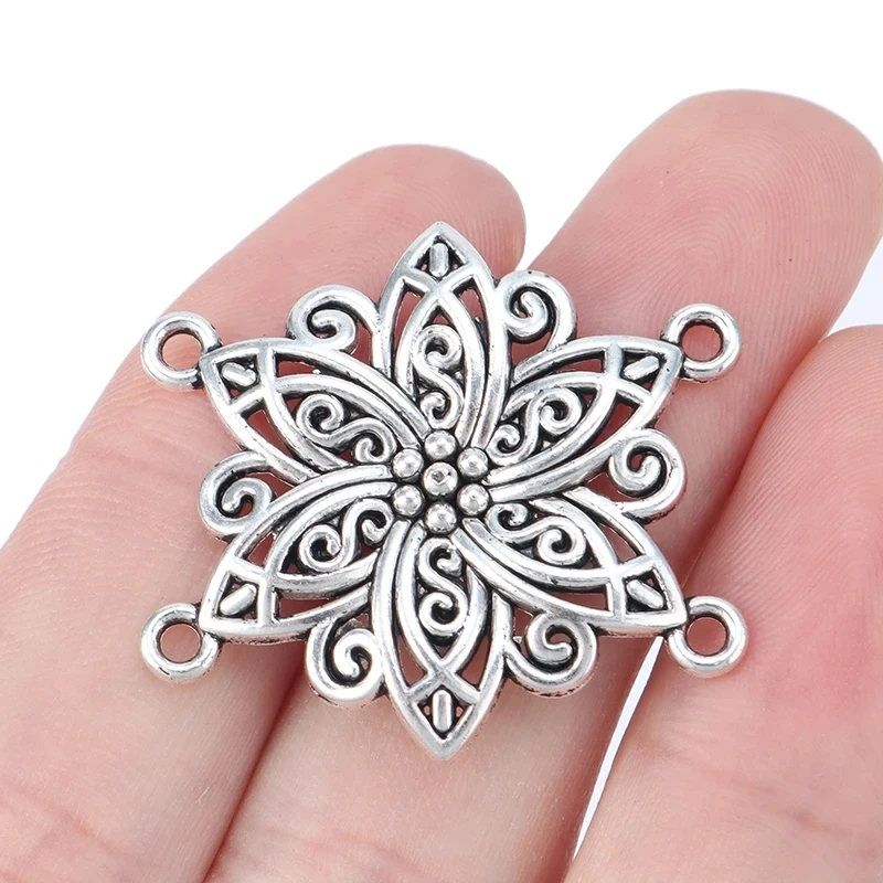 20pcs Vintage Mixed Flower Porous Connectors Silver Charms Pendants For DIY Jewellery Necklace Earrings Making Finding Crafts