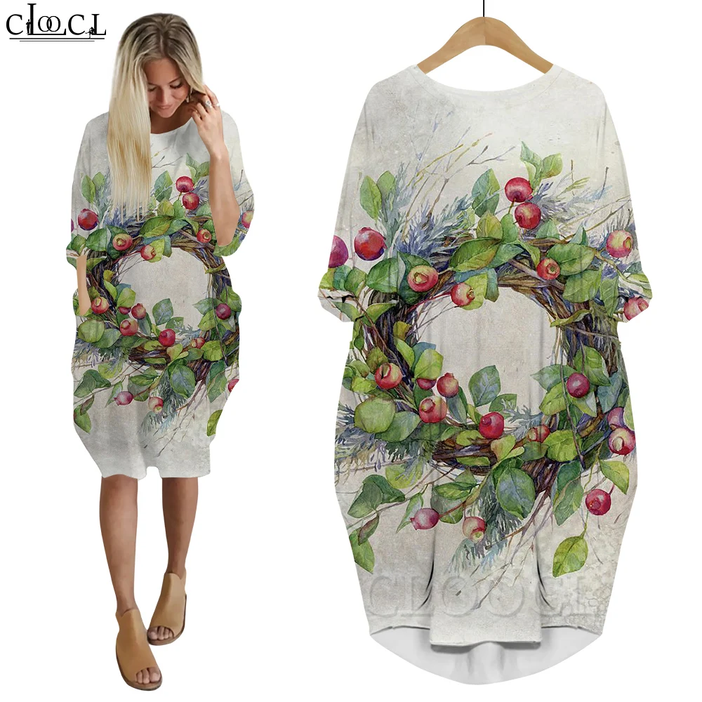 

CLOOCL Vintage Dresses Fashion Elegant Robe Christmas Ivy Garland Pattern Print Portable Pockets Long Sleeve Dress New 2022