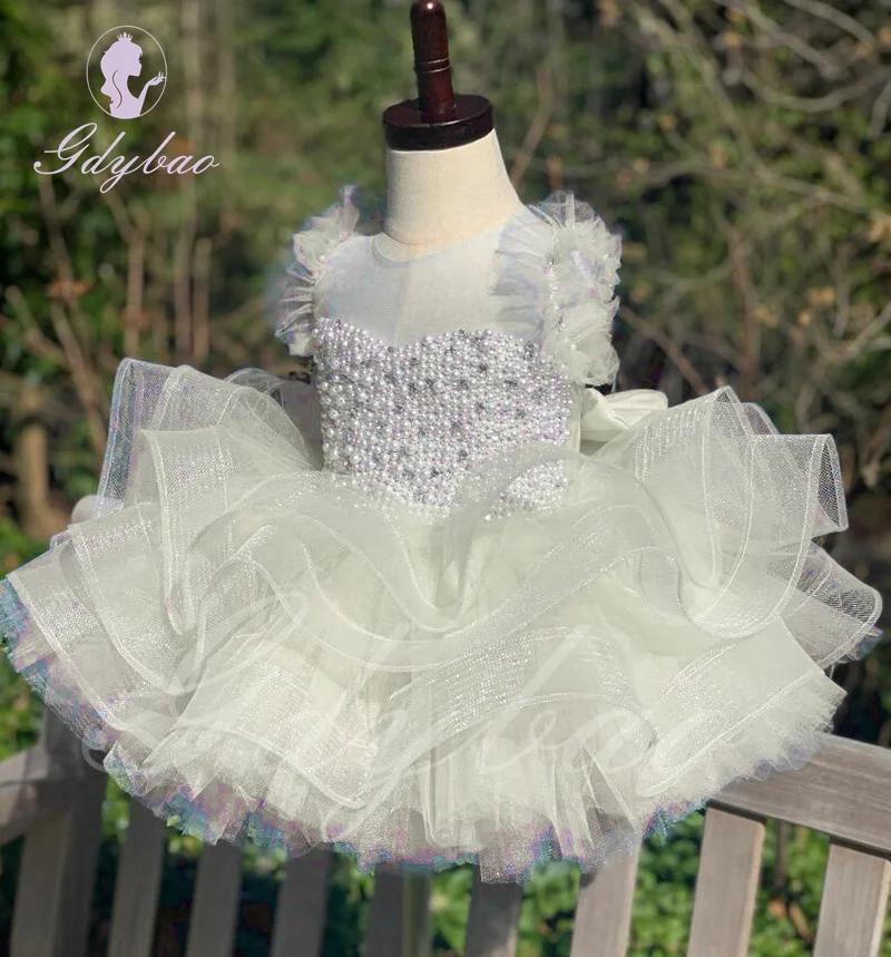 

Beige Baby Flower Girl Dress for Wedding Puffy Tulle With Pearls Bow Princess Kids Birthday Party First Communion Ball Gown