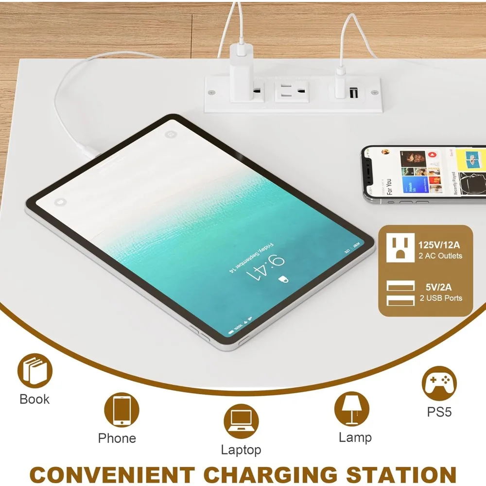 طقم منضدة بيضاء مكون من 2، حامل ليلي أبيض 26 بوصة مع محطة شحن، طقم منضدة 2 مع منافذ USB ومنافذ طاقة، سيلي