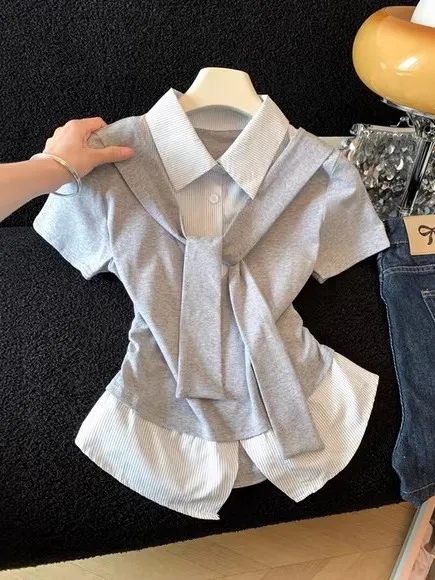 

Summer New Women's Striped Shirt Stand Collar Waist Inward Design Korean Style Short Sleeve Polyester Fiber Fashion Top
