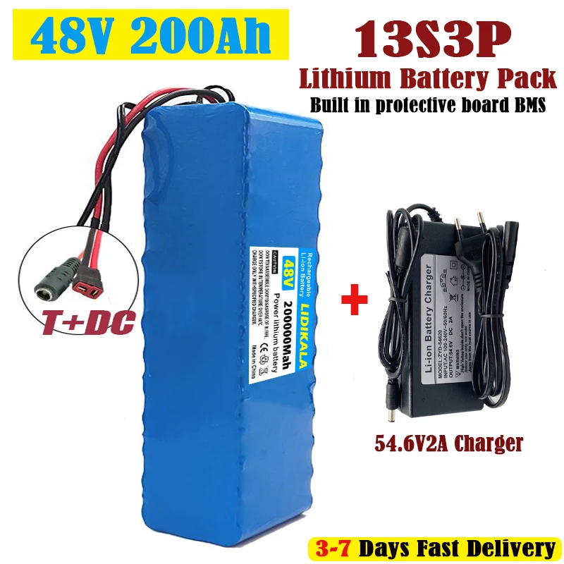 48V 200000mAh 13S3P Lithium-Ionen-Akku mit integriertem BMS, hohe Kapazität, 48V 200Ah wiederaufladbarer Li-Ionen-Akku für Elektrofahrrad, Roller, E-Bike, Golfcart