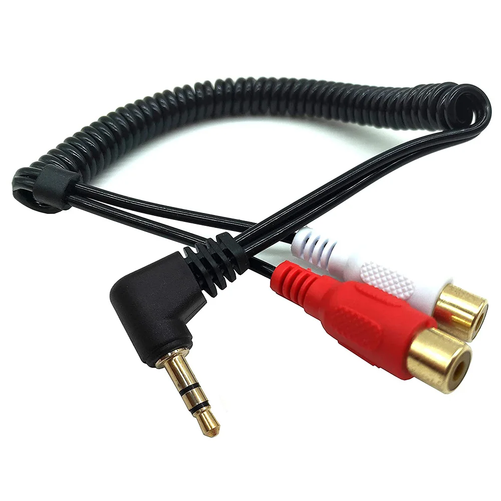 1pc ouro dc 90 graus ângulo reto 3.5mm 1/8 "trs macho estéreo para 2 duplo rca fêmea áudio enrolado espiral adaptador cabo de mola 80cm
