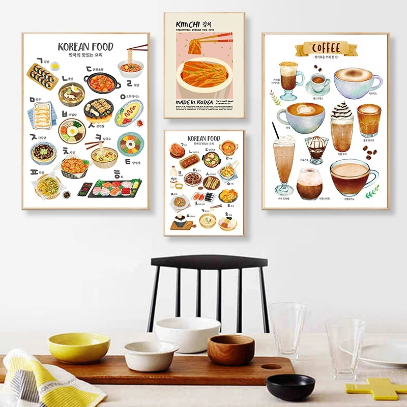 Cute Hangeul Hangul Korean Food Alphabet Poster Canvas Painting Children Educational Prints Korea Kitchen Art Wall Picture Decor