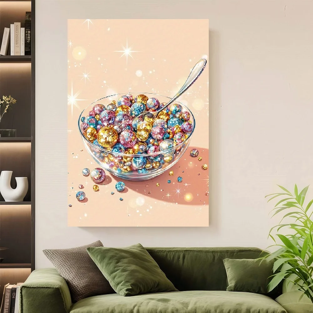 Framed 1pc Disco Ball Soup Canvas Wall Art Poster - Pastel Peach Background with Golden spoon, Wrapped Canvas Print - Modern Par