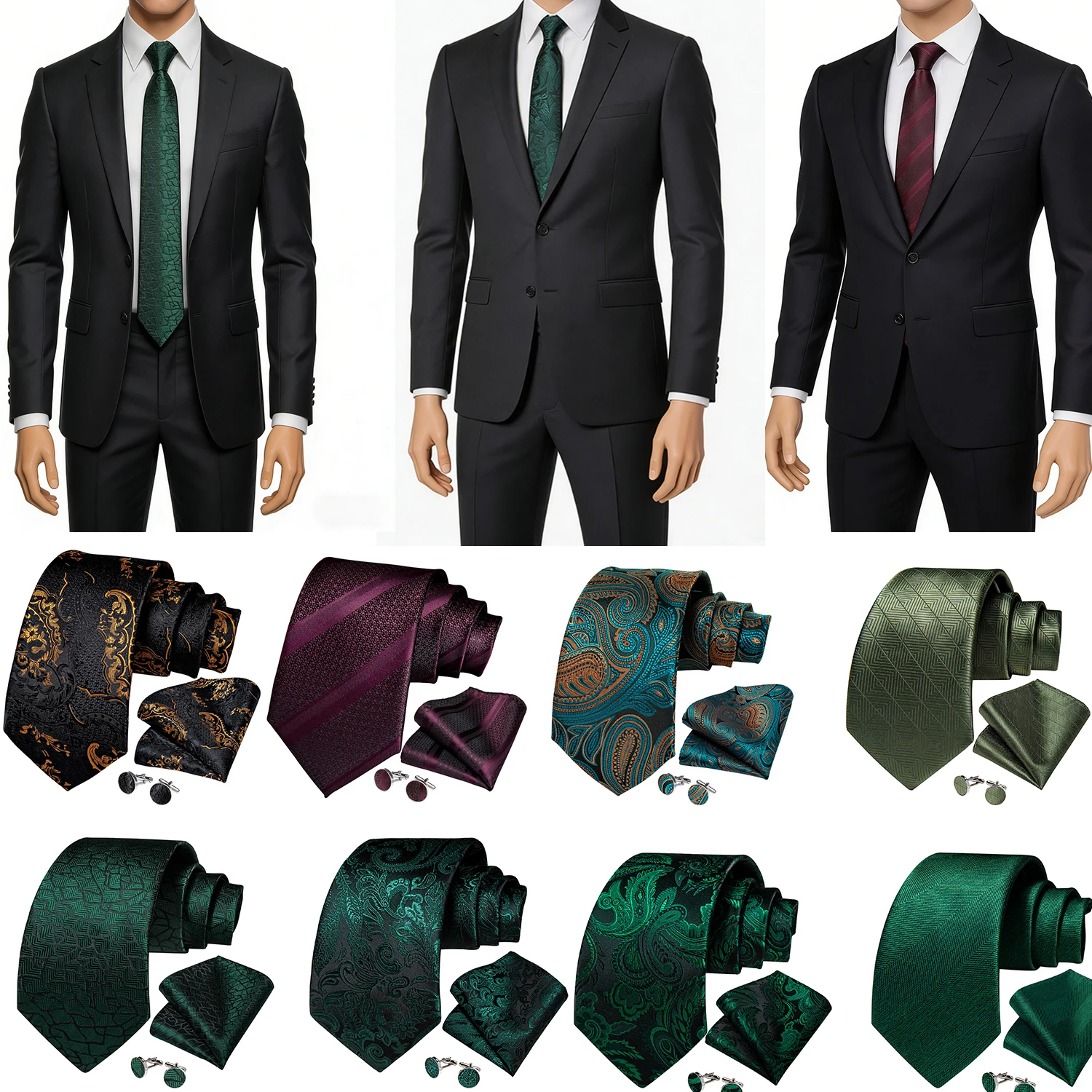 Green Paisley Floral Men's Ties Jacqurd Elegant Wedding Accessories Neck Tie Set Handkerchief Cufflinks Gift For Men