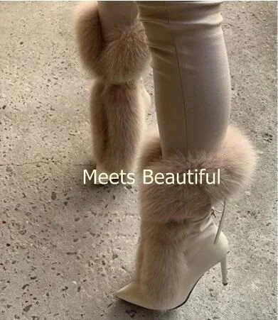 Beige Fox Fur Pointed Toe Stiletto Heels Lace Up Mid-calf Boots Women Luxury Slip On High Heel Ankle Boots Shoes Drop Shipping