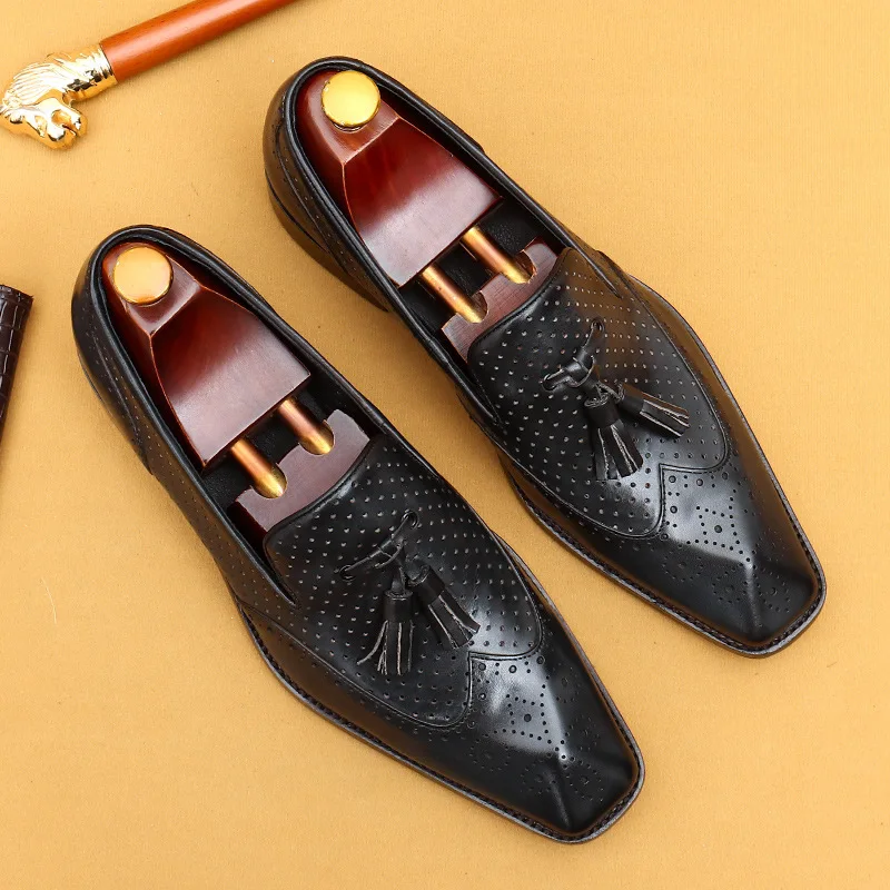 

Men'S Genuine Leather Vintage High Quality Shoes Luxury Wedding Formal Dress Classic Elegant Italian Black Loafers