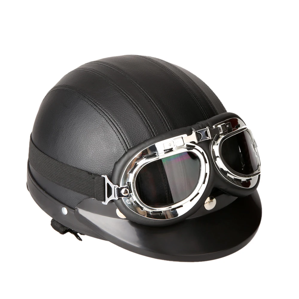 Full Boat Cover Motorcycle Scooter Open Face Half Leather Helmet with Visor UV Goggles Vintage Style Motorbike Helmet 54-60cm