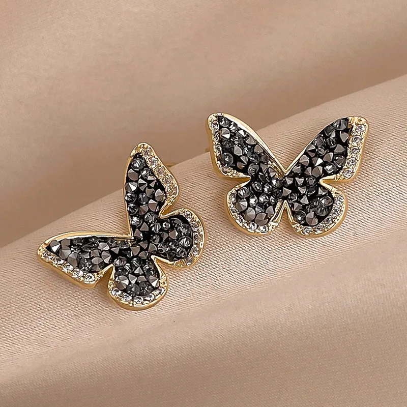 Fashion Rhinestone Black Butterfly Earrings Female Vintage Dark Temperament Ins Crystal Summer Earrings Wedding Jewelry