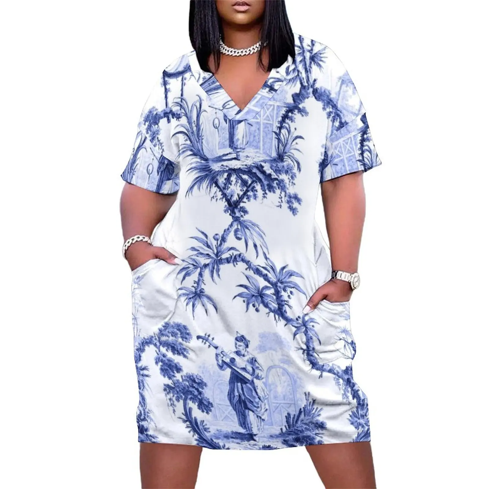 Delft Blue Willow Oriental Ming Dynasty Chinoiserie Loose Pocket Dress evening dresses women loose women's dress