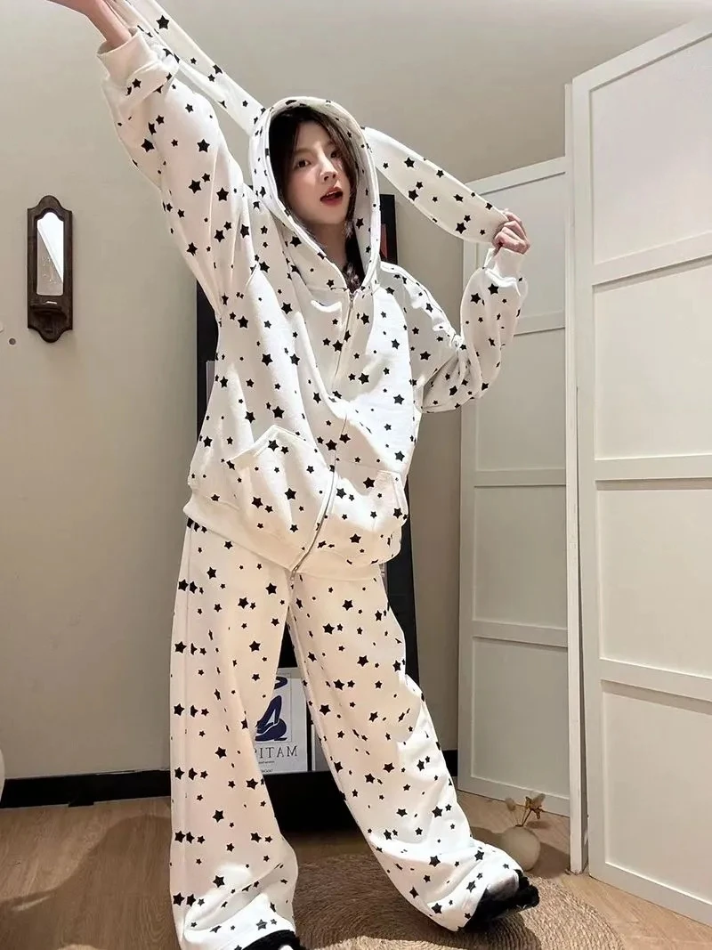 

Women's Pure Cotton Long Rabbit Ear Hoodie Zipper Loose Casual Autumn Winter Faion Sweatirt Coat Two Piece Set School Sle