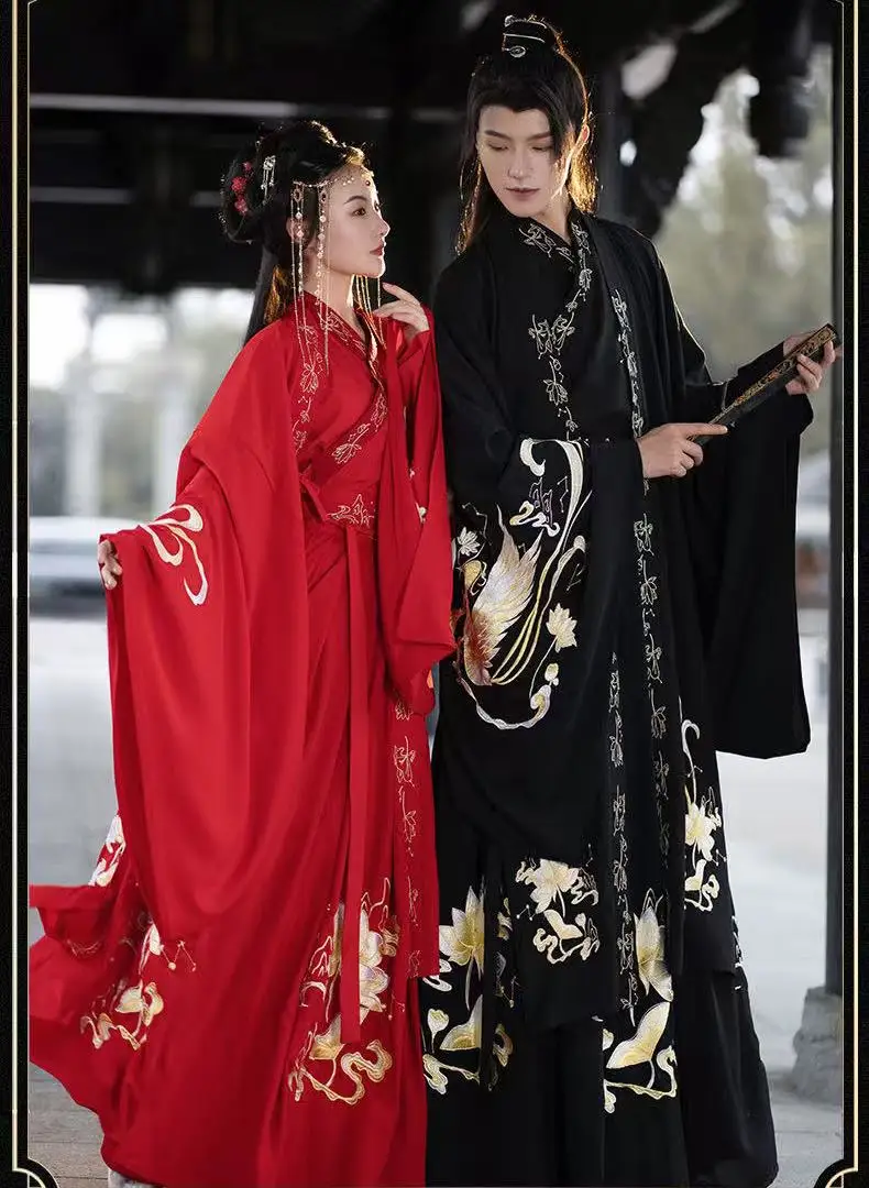 

Classic Phoenix Embroidery Chinese Hanfu Dress Men Women Traditional Cross Collar Costume Exotic Couples Event Cosplay Uniform