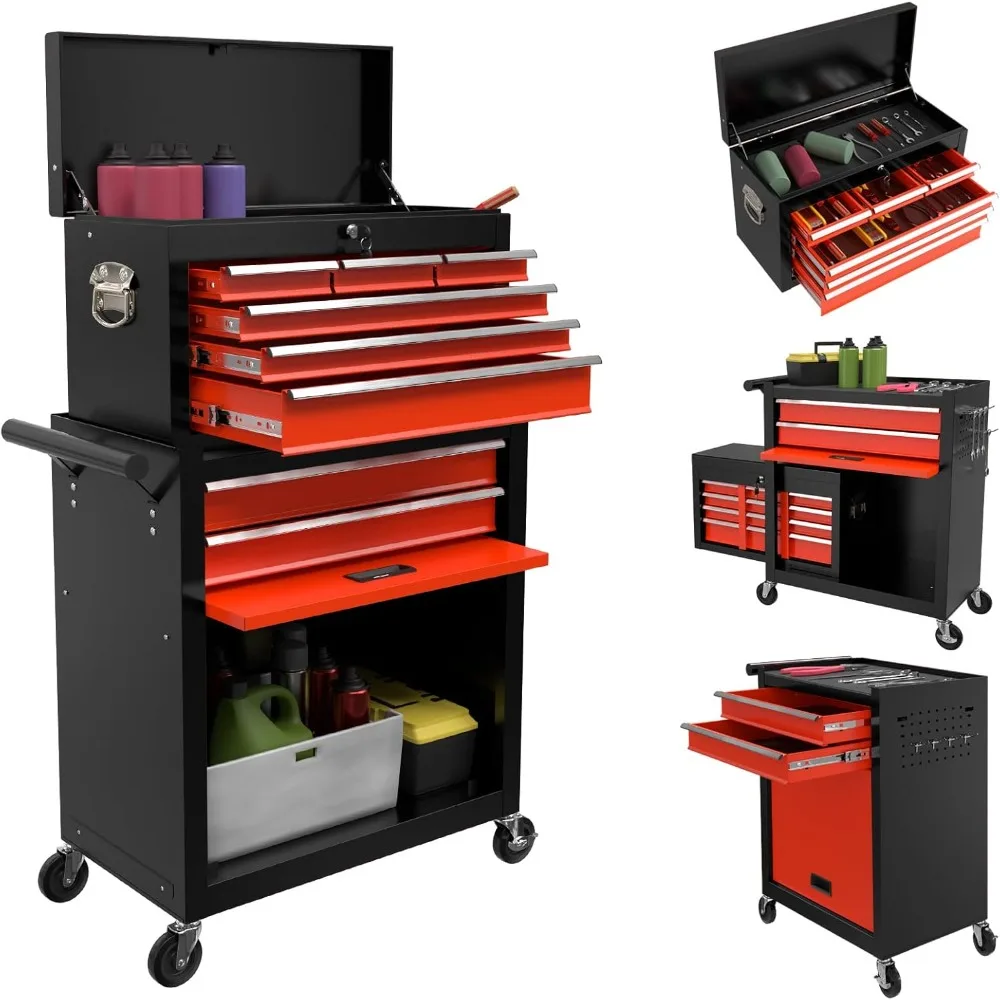 

Drawer Large Tool Chest, 2-in-1 Detachable Garage Rolling Tool Box Metal Tool Storage Cabinet Removable Lockable Cart