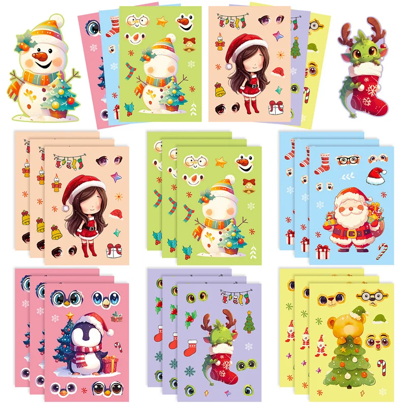 Funny DIY Christmas Stickers Make A Santa Claus Girl Snowman Socks Penguin Face Puzzle Stickers Christmas Gifts For Kids Toddler