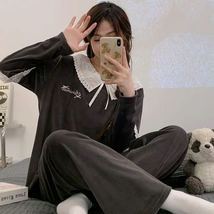 

Плюс размер M-5XL, бархатный пижамный комплект, женские толстые зимние теплые домашние костюмы, корейские кружевные милые брюки с длинными рукавами, одежда для сна