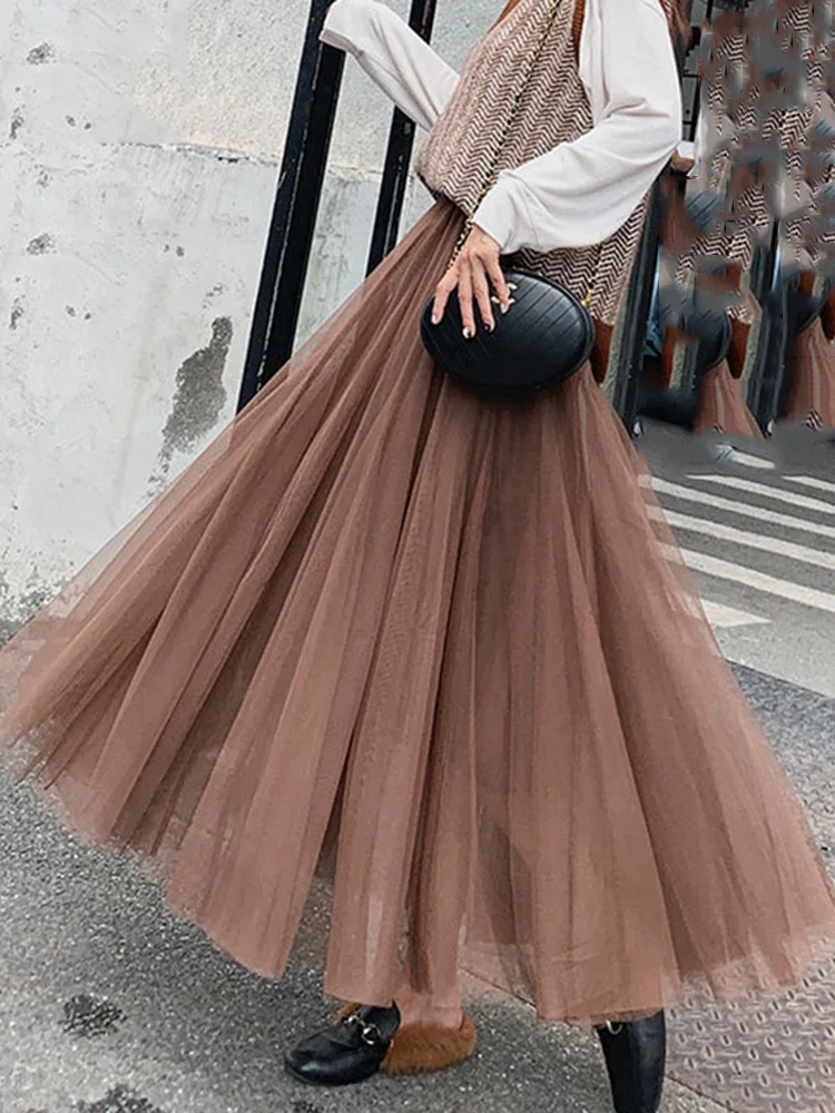 Mesh Long Skirt Elastic New Summer Waist Elegant Pleated High Waist Ball For Spring Autumn Vintage