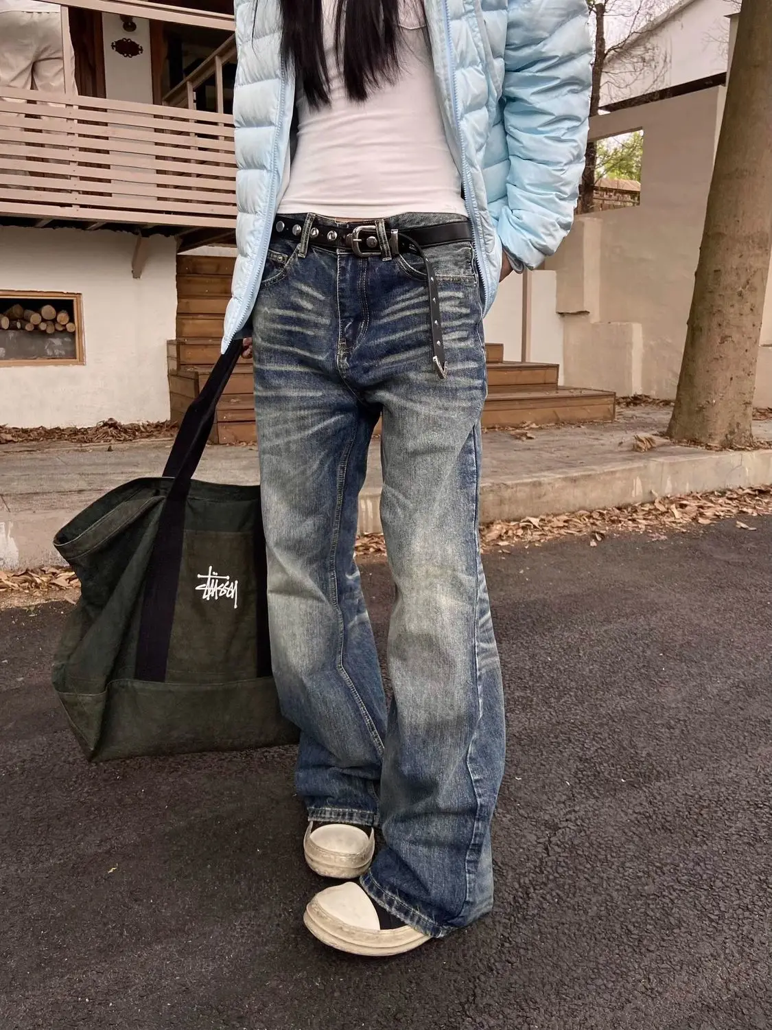 

plus Size American Retro Washed Flare Denim Jeans Women Lazy Trendy Design High Waist Straight Leg Pants Casual Wear