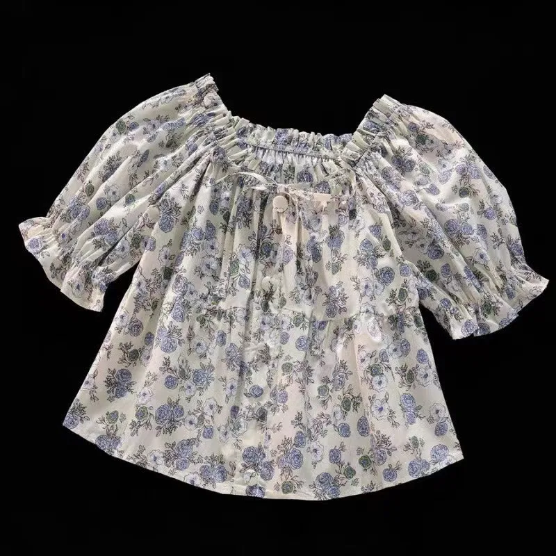 Conjunto de pantalones cortos de mezclilla para niña, ropa infantil con diseño de manga de burbuja, camisa floral, para estudiantes de secundaria, novedad de verano 2024