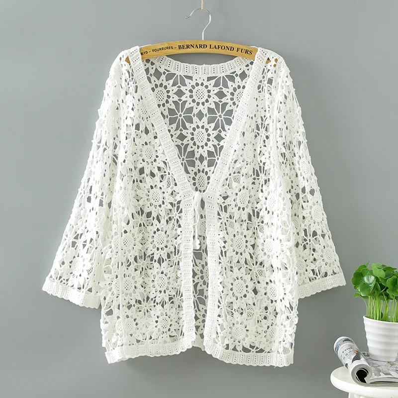 Spring and Summer New Western Style Knitted Cardigan Women\'s 2024 Thin Hollow Lace Shirt Shawl Wholesale