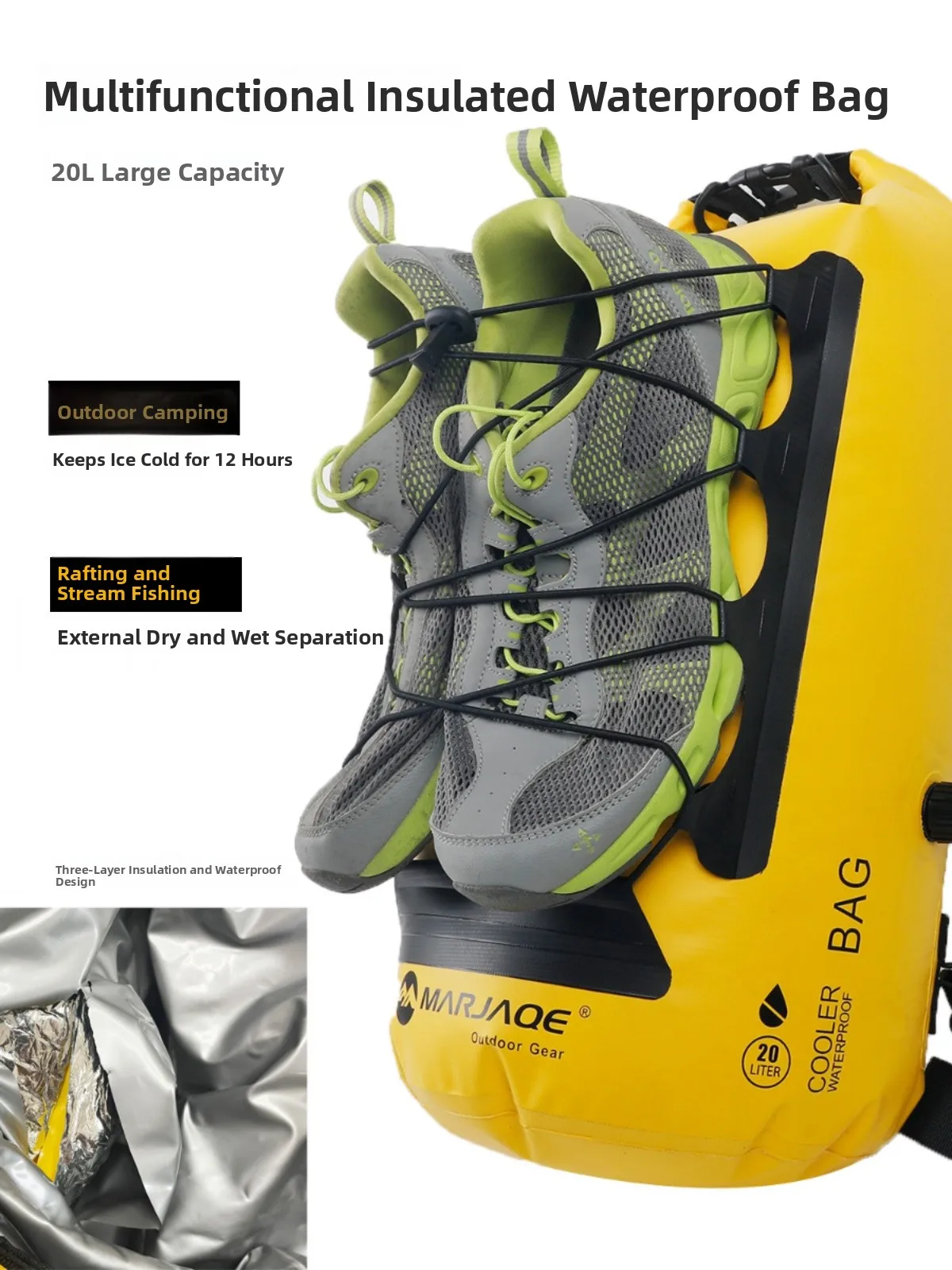 حقيبة ظهر متعددة الوظائف للتخييم في الهواء الطلق مقاومة للماء مع حجرة حرارية وحقيبة محمولة للثلج وفصل للأشياء الرطبة والجافة