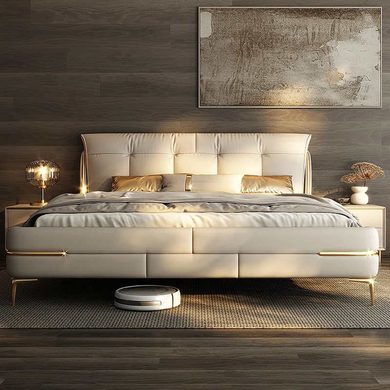 

！@Modern Luxurious Leather Villa Bed Room Frame Headboard Panel King Size Upholstered Lit Complet Luxury Bedroom Furniture Set