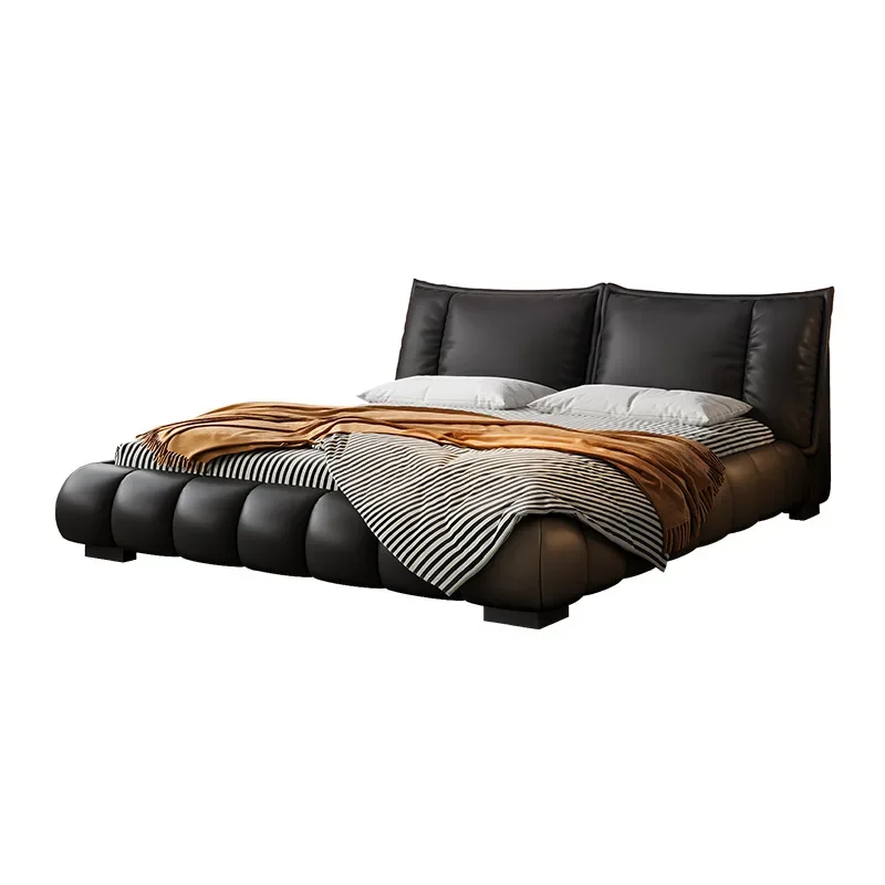 French modern double bed, master bedroom high-end atmosphere retro style black medieval puff leather bed