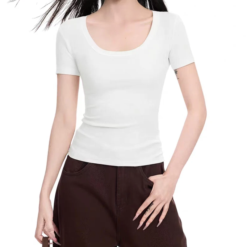 Summer Cotton Sexy Women's T Shirt 2026 Skinny Slim Basic Solid White Black Grey Casual U Neck Woman T Shirts Top Tee Clothing