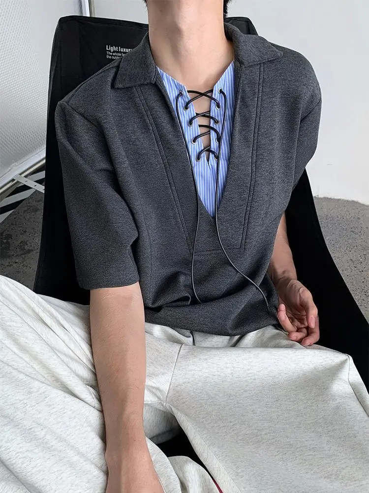 Summer Splicing Lace-up V-neck Fake Two-piece Short-sleeved Men's Lapel T-shirt Top