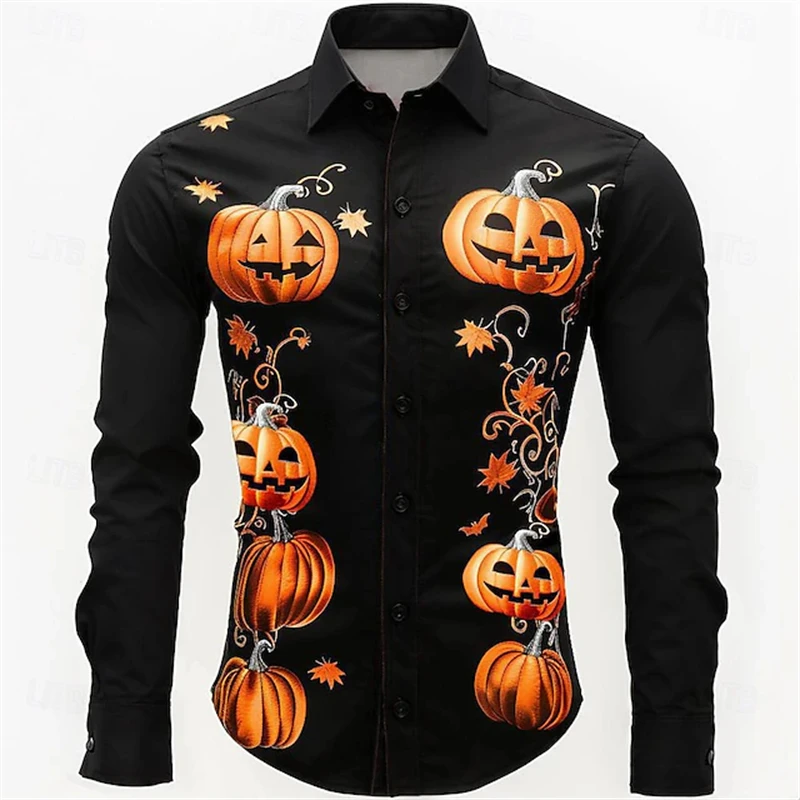Men Fashion Button‑Up Shirt Spooky Halloween Night Print Long Sleeve Turn‑down Collar Casual Top Holiday Gathering Wear