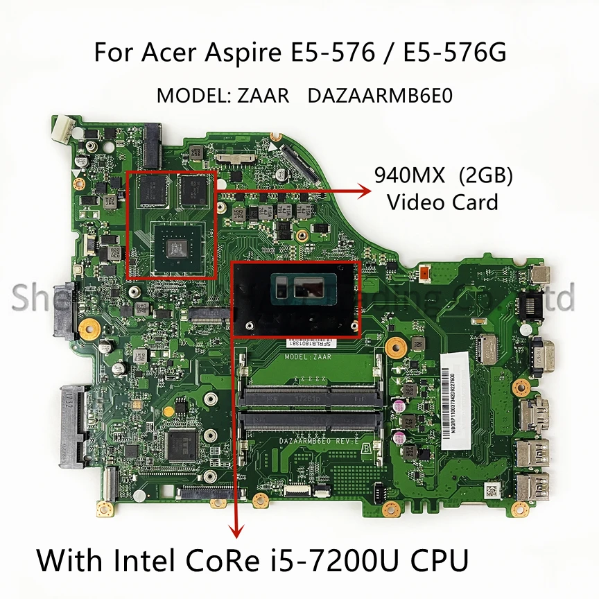 DAZAARMB6E0 For Acer Aspire E5-576 E5-576G ZAAR Laptop Motherboard With Intel i3 i5 i7 CPU 940MX 2GB Video Card 100% Full Tested