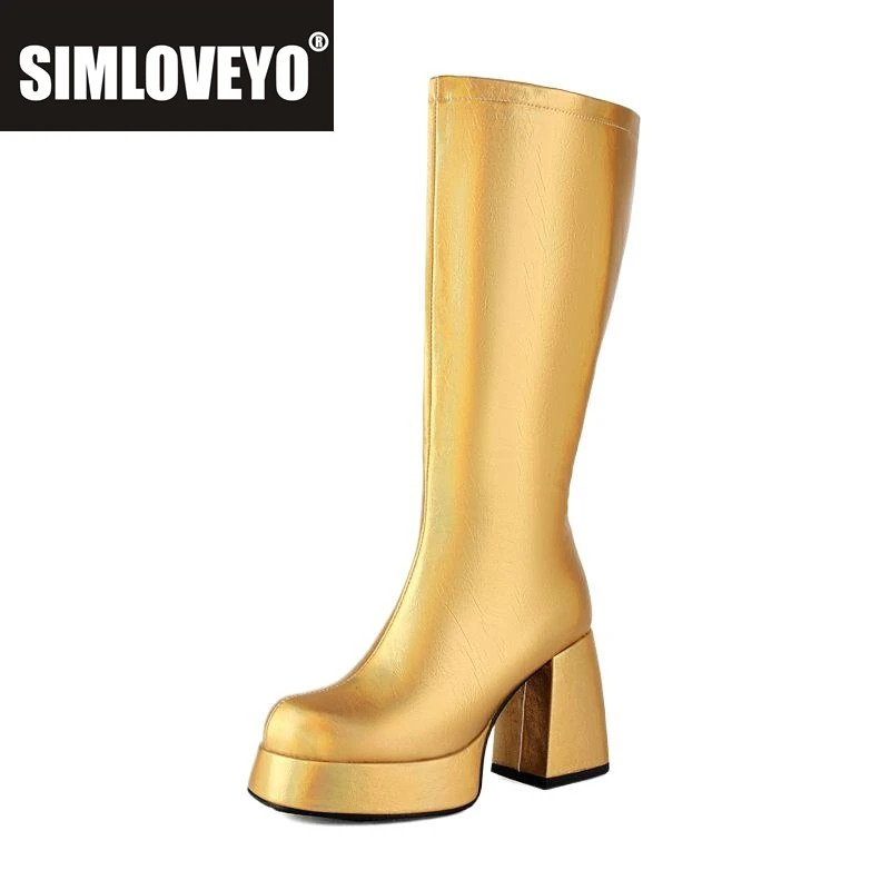 

SIMLOVEYO Fashion Female Long Boots Round Toe Chunky Heels 9.5cm Platform 3cm Big Size 47 48 Sext Party Dating Bota