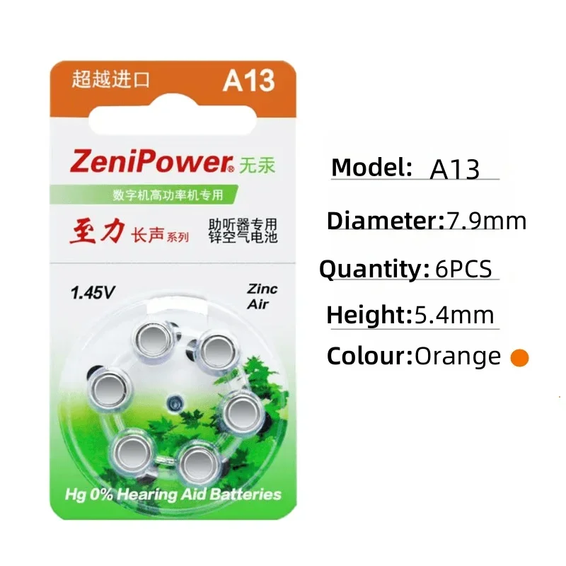 6-60PC Hearing Aid Battery A13 13A 13 P13 PR48 Zenipower Zinc Air Batteries