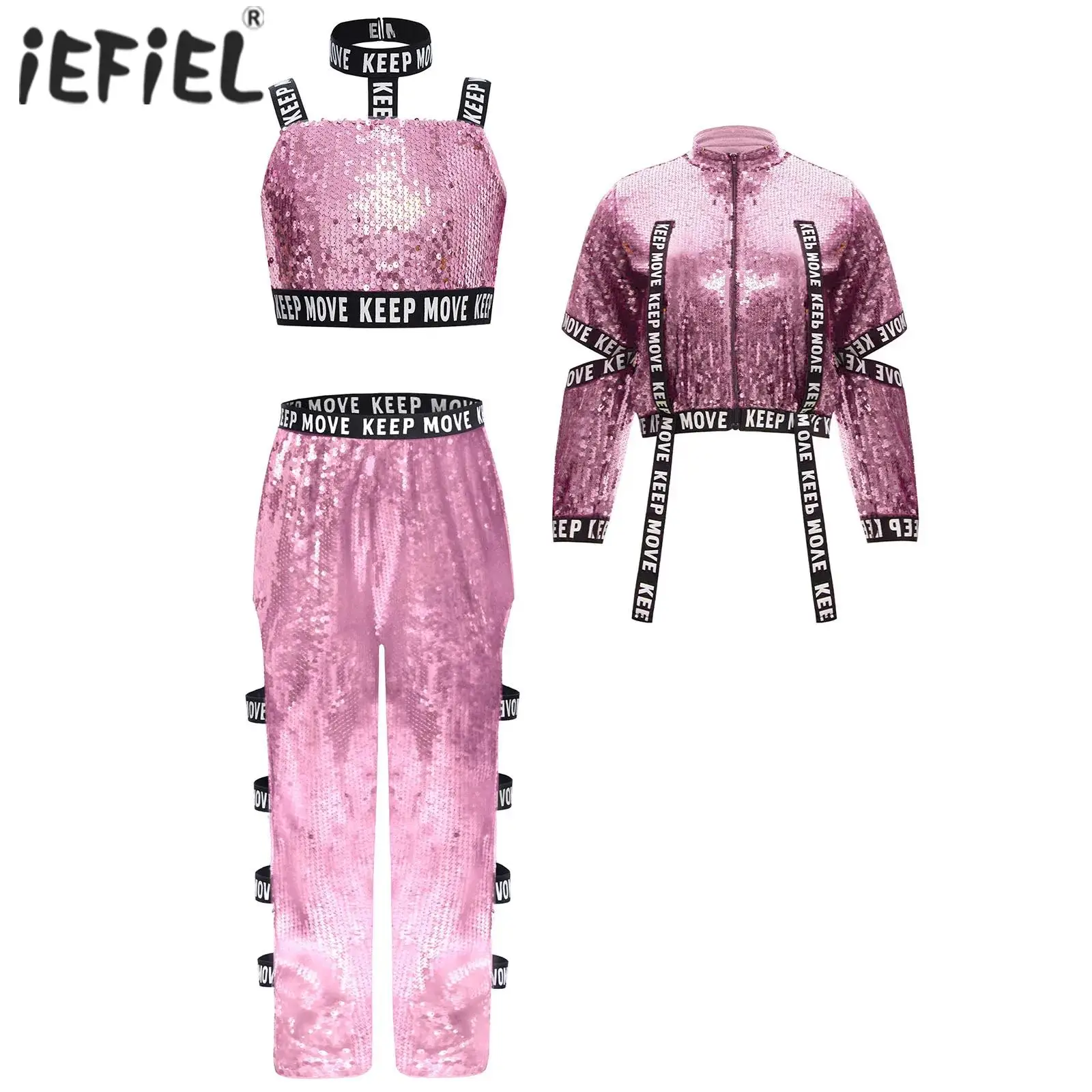 ชุดเต้นฮิปฮอปแจ๊สสำหรับเด็กผู้หญิง ชุดแสดงบนเวที เสื้อกั๊กปักเลื่อม แขนยาว เสื้อแจ็คเก็ตพิมพ์ลายตัวอักษร และกางเกง
